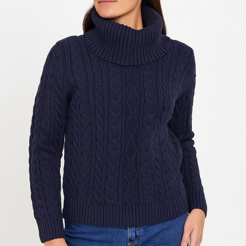 Cable Knit Sweater 100% Cotton Turtleneck Pullover Coastal Country Cottage Blu L